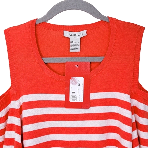 Jamison Evereve NWT Blood Orange White Striped Cold Shoulder Sweater Size Large - Picture 2 of 10